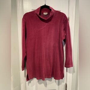 VTG L.L. Bean Size L Burgundy Velour Mock Neck Pullover Soft Split Hem Tunic Top